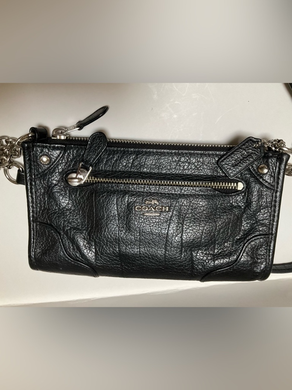 COACH Shoulder Bag Mickie Black pebbled Leather Crossbody w/ Silver Chain Strap - Picture 2 of 14
